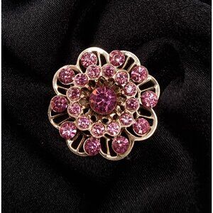 Vintage 1950s Pink Rhinestone Flower Brooch Gold-Toned Metal Round Pin
